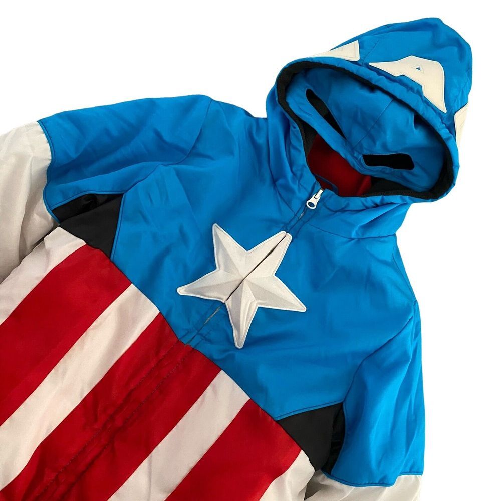 Disney Captain America Hooded Jacket Kids 9/10 Red White Blue Mask Fleece Puffer